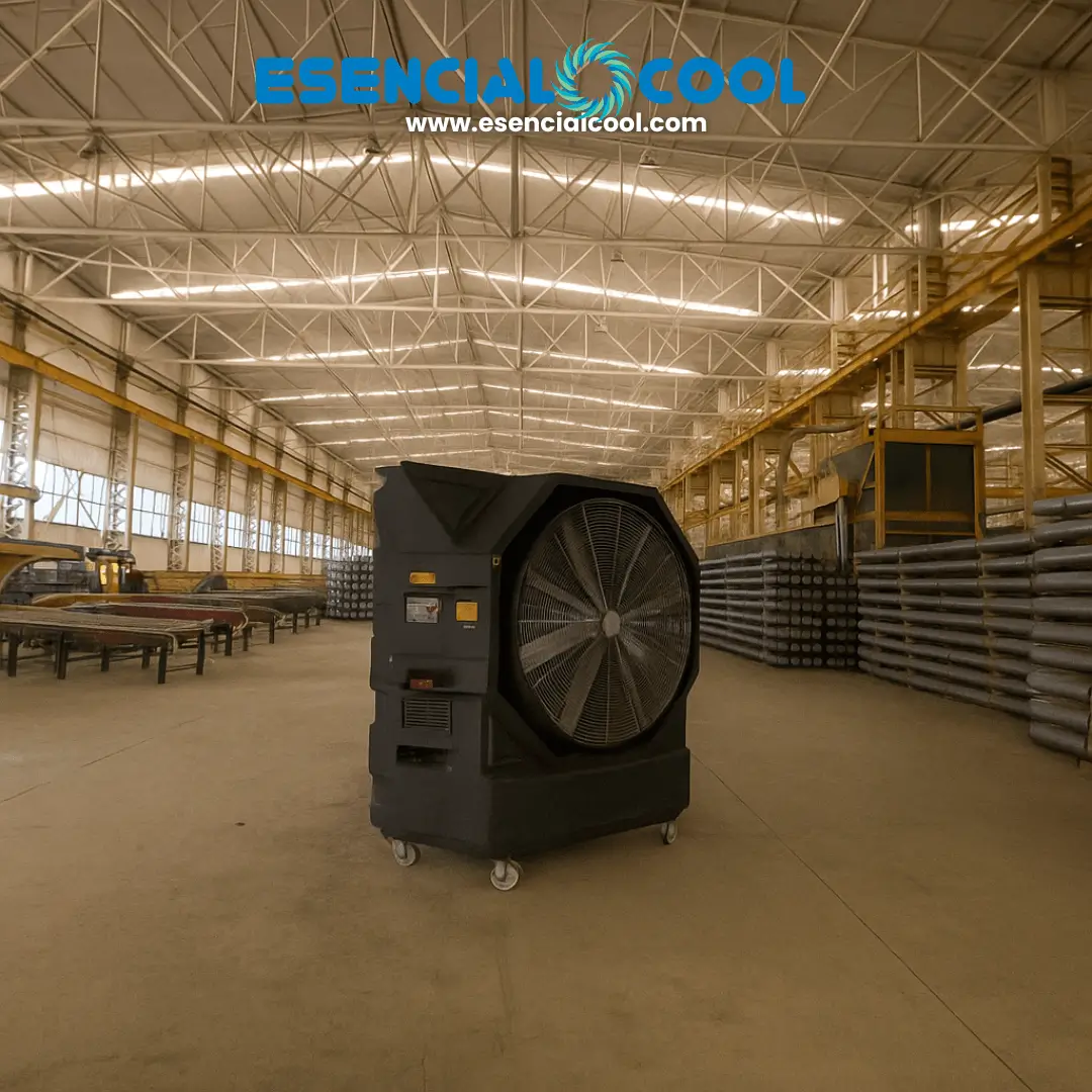 Climatizador evaporativo industrial en nave grande para refrigeración de espacios amplios