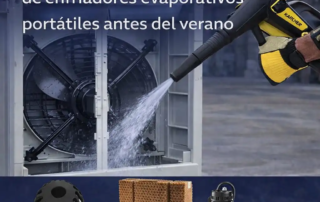 Mantenimiento preventivo de enfriador evaporativo portátil en nave industrial, limpieza del equipo con hidrolimpiadora antes del verano para mejorar rendimiento y alargar la vida útil.