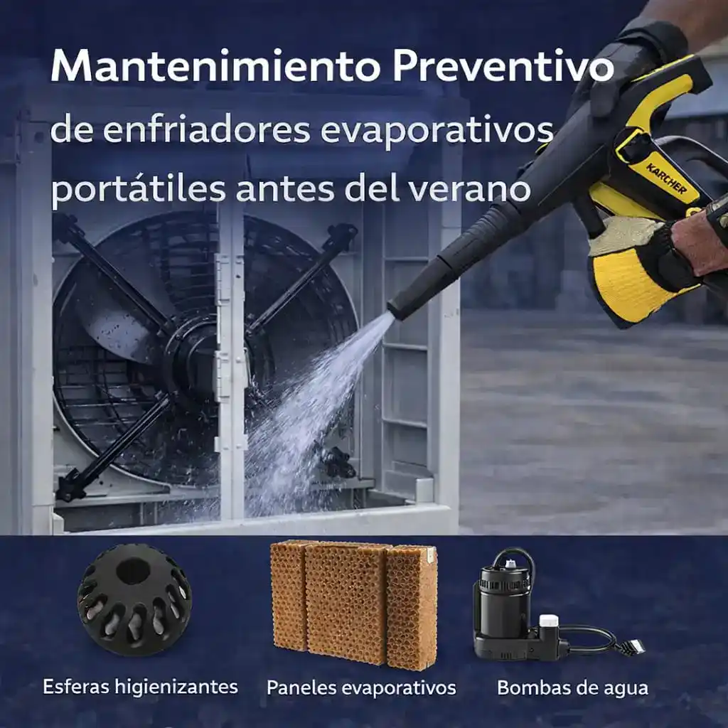 Mantenimiento preventivo de enfriador evaporativo portátil en nave industrial, limpieza del equipo con hidrolimpiadora antes del verano para mejorar rendimiento y alargar la vida útil.