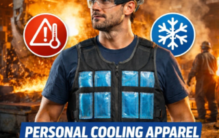 Industrial worker wearing PCM cooling clothing vest designed to reduce heat stress and improve comfort when working in extreme heat conditions.