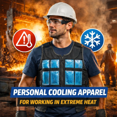 Industrial worker wearing PCM cooling clothing vest designed to reduce heat stress and improve comfort when working in extreme heat conditions.