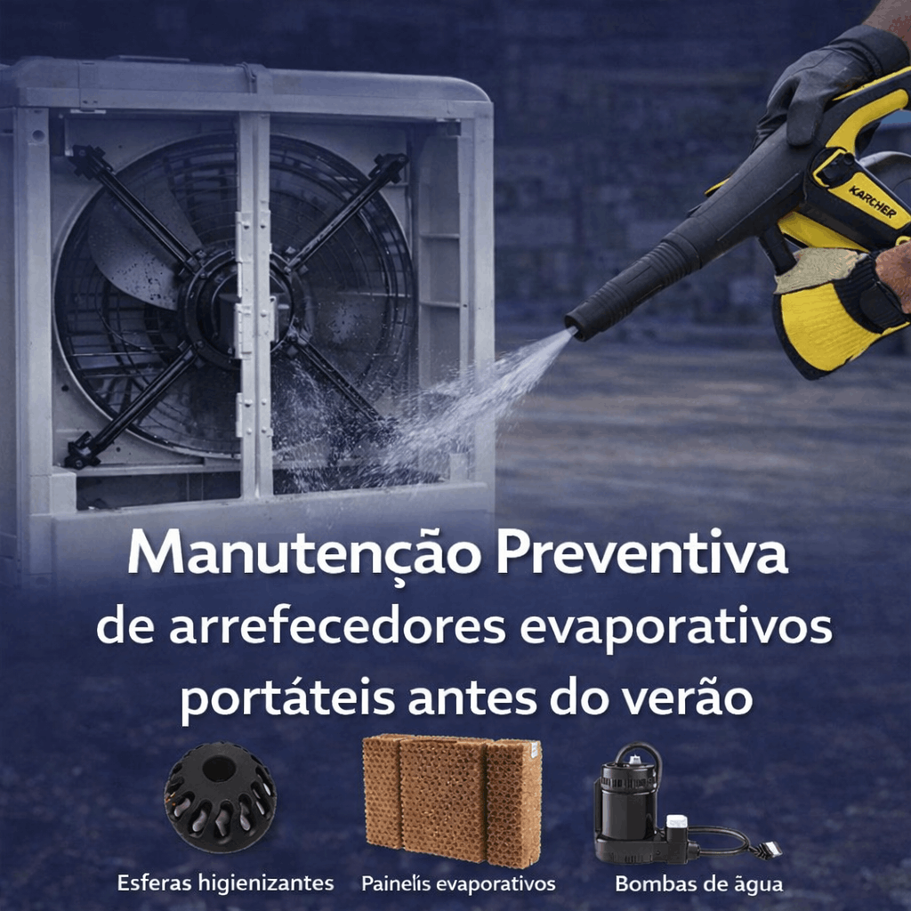 Manutenção preventiva de arrefecedor evaporativo portátil em ambiente industrial, limpeza do equipamento antes do verão para melhorar o desempenho, garantir higiene e prolongar a vida útil.