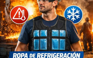 rabajador industrial con chaleco de refrigeración con tecnología PCM para reducir el estrés térmico y trabajar con calor extremo en entornos industriales.