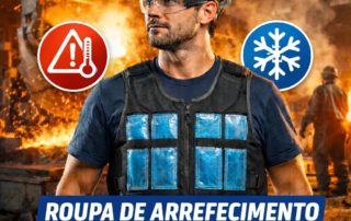 Trabalhador industrial a utilizar roupa de arrefecimento com tecnologia PCM para reduzir o stress térmico e trabalhar em ambientes de calor extremo.