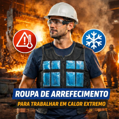 Trabalhador industrial a utilizar roupa de arrefecimento com tecnologia PCM para reduzir o stress térmico e trabalhar em ambientes de calor extremo.