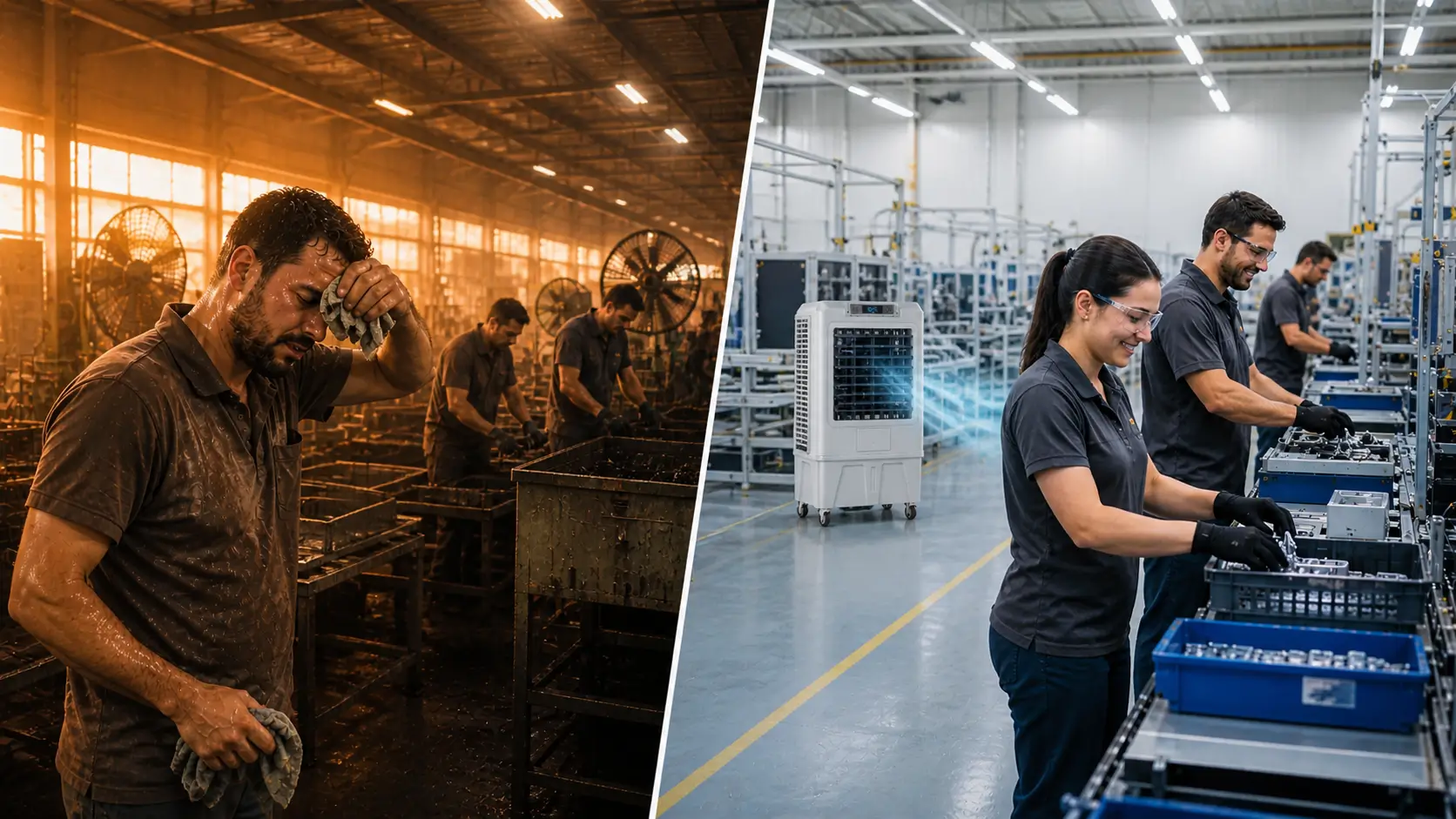 Operarios trabajando en nave logística con calor extremo, causa de 11 días de producción perdidos en julio