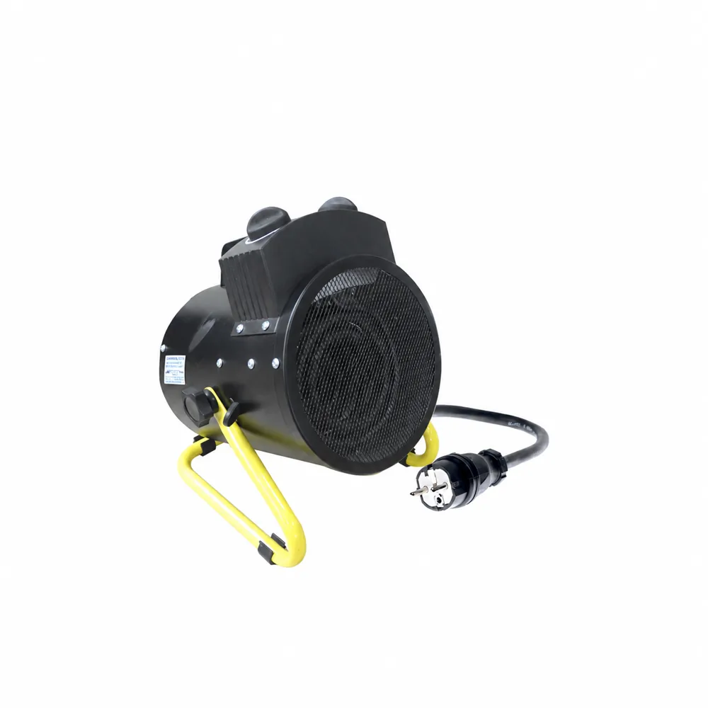 Aerotermo BGP 03 negro con rejilla frontal circular, asa superior, soporte amarillo y cable con enchufe a la derecha.