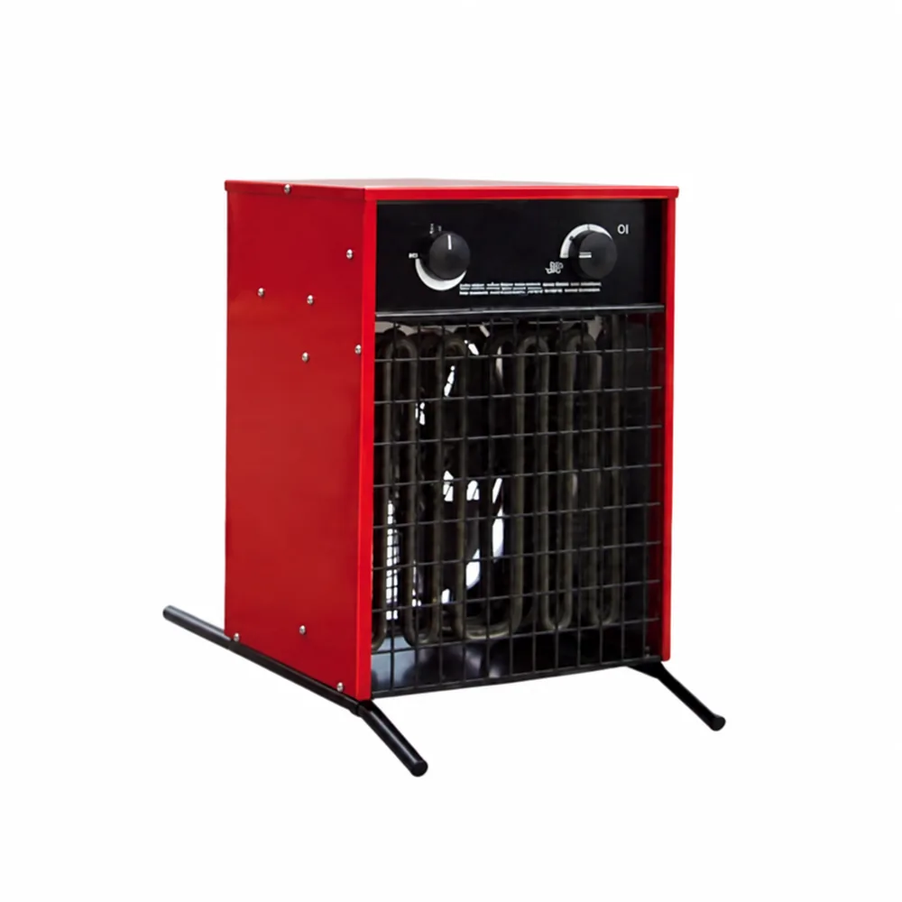 Aerotermo rojo EH-ONT con dos mandos superiores, rejilla frontal negra y pies de apoyo tubulares.