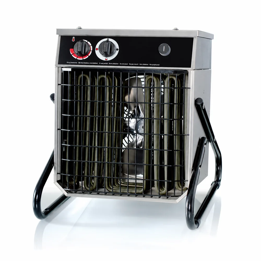 Aerotermo FIRE F de 9 kW con carcasa plateada, rejilla frontal negra, dos mandos y un interruptor superior derecho.