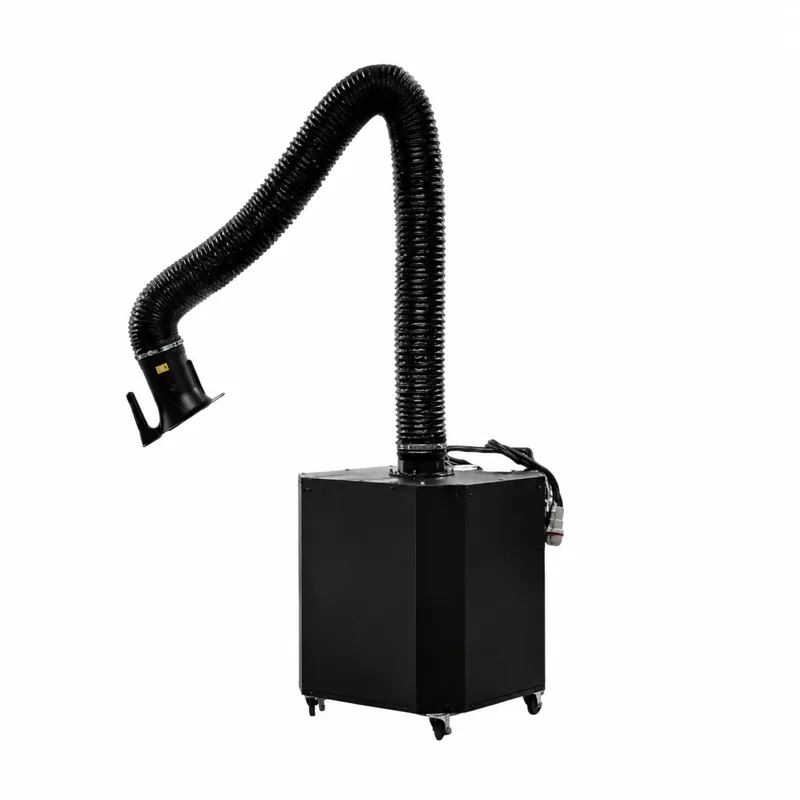 AIR WELD: Colector negro sobre ruedas, con brazo flexible de aspiración curvado y boquilla rectangular.