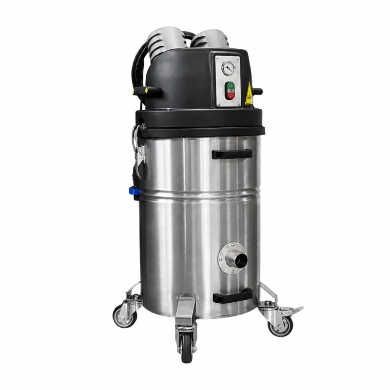 BL PRO ATEX: Aspirador de depósito metálico con cabezal negro, asa y base sobre ruedas.