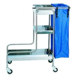 150 AI: Carro metálico con tres bandejas, estructura extensible, cuatro ruedas y bolsa azul lateral.