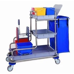 480 AI: Carro metálico con bandejas grises, cubos amarillos, azules y rojos, prensa y bolsa azul lateral.