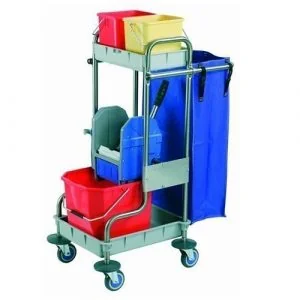 570 AI: Carro metálico con cubos rojo y amarillo arriba, cubo rojo inferior con prensa y bolsa azul.