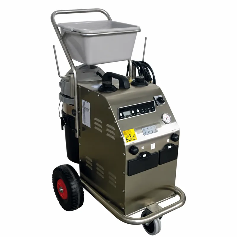 DEDALO TWIN: Equipo de vapor metálico con asa superior, bandeja, depósitos blancos, ruedas y panel frontal de mandos.