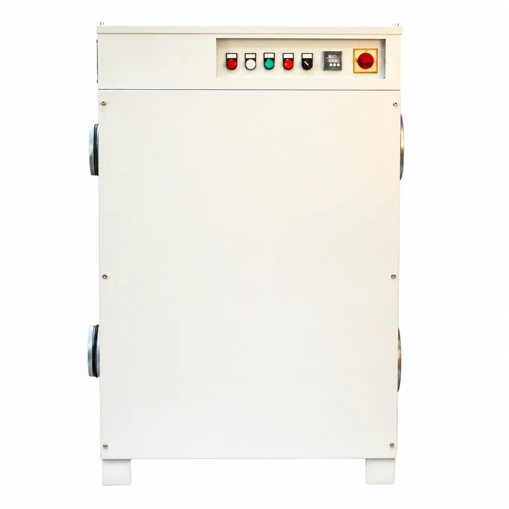 Deshumidificador RY 1000. Armario metálico claro visto de frente, con panel superior de pulsadores y selector rojo, conexiones de aire laterales y dos apoyos inferiores.