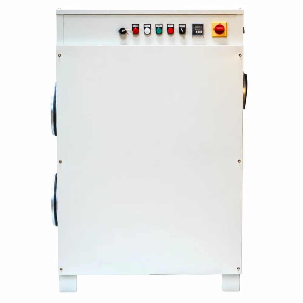 Deshumidificador RY 1500. Armario metálico claro visto de frente, con llave y pulsadores en el panel superior, selector rojo, conexiones laterales y dos apoyos inferiores.