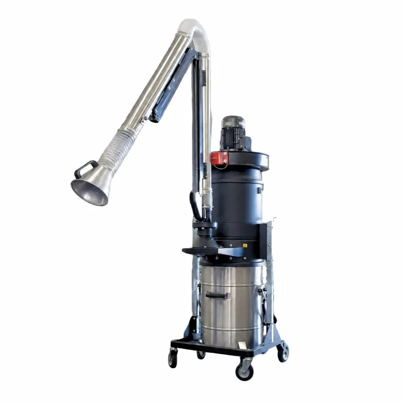 DF 40 3GD Z2-22: Colector vertical negro y metálico, con base sobre ruedas y brazo articulado de aspiración.