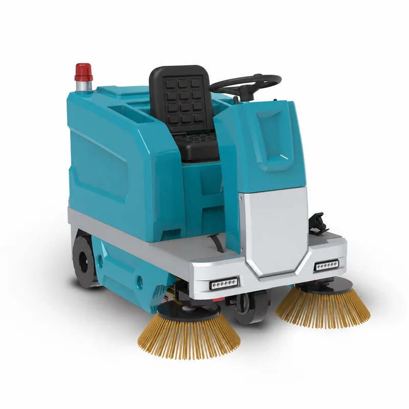 DUSTY S1400: Barredora turquesa y gris con asiento, volante, baliza roja, faros y dos cepillos laterales amarillos.