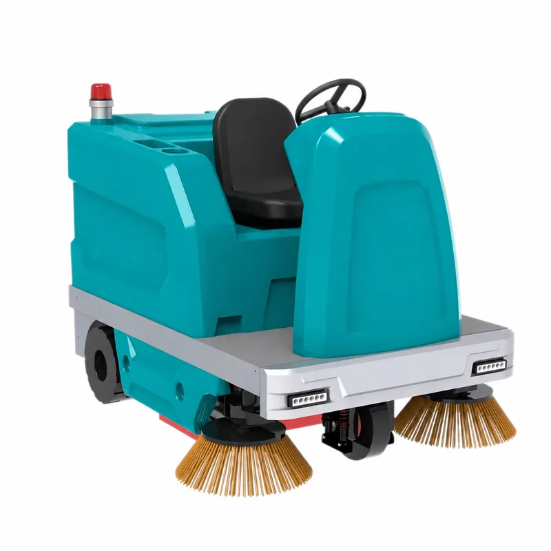 DUSTY S1600: Barredora turquesa y gris con asiento negro, volante, baliza roja y dos cepillos frontales amarillos.