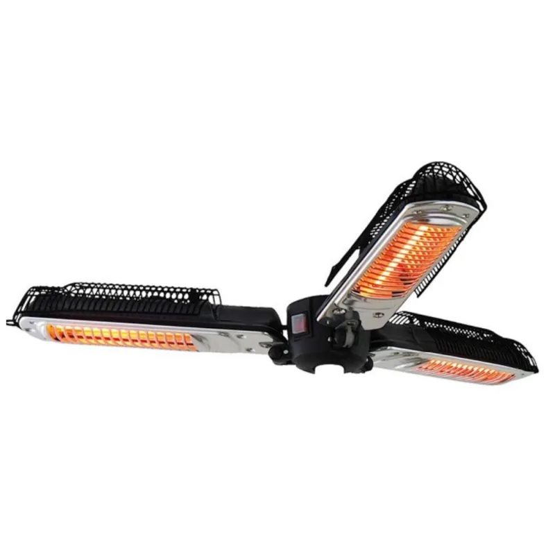 calefactor eléctrico BARI 3: Calefactor negro de tres brazos articulados con rejillas protectoras y lámparas encendidas.