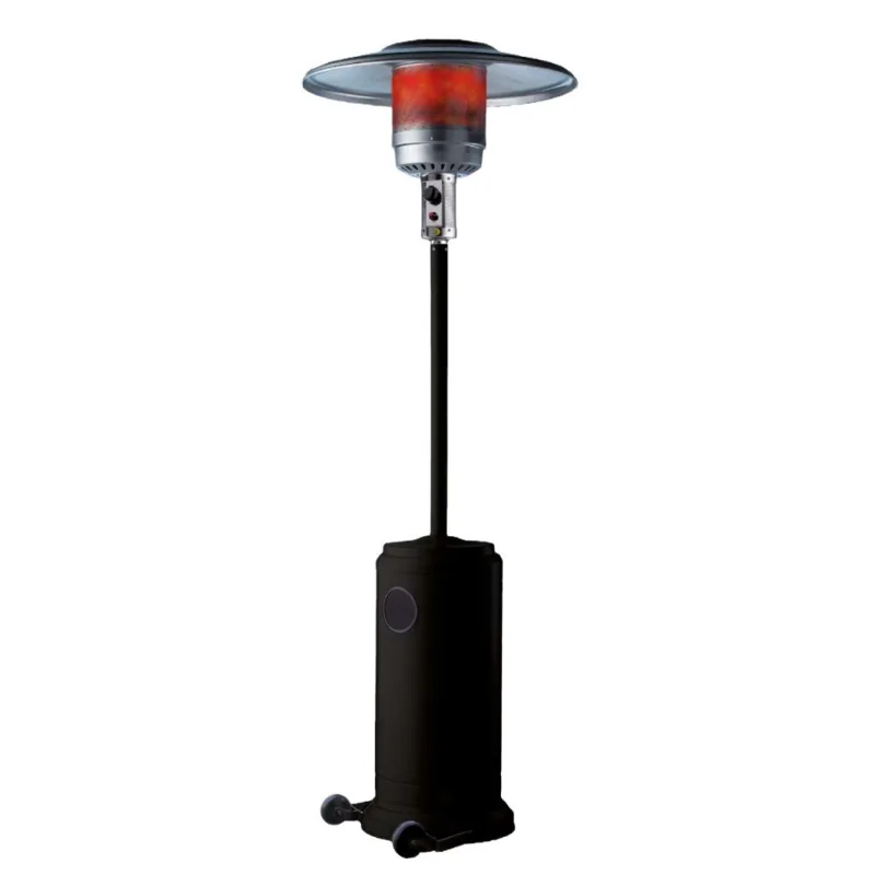 estufa a gas CORONA: Estufa de pie negra con reflector circular superior, quemador y base con ruedas.