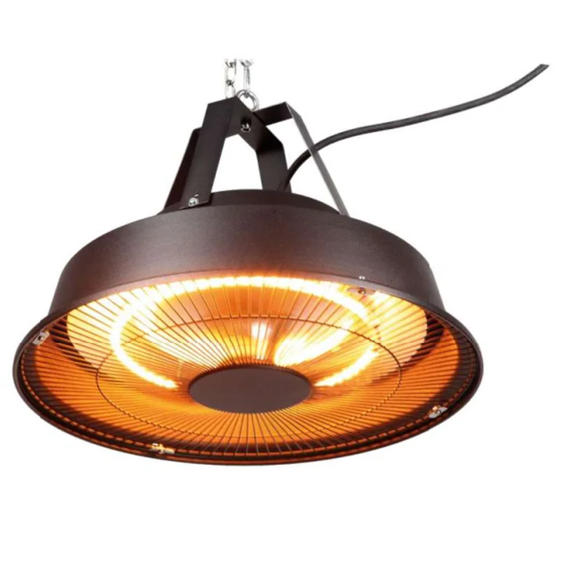 calefactor eléctrico DALLAS: Calefactor colgante negro con reflector circular, rejilla inferior y cadena superior.