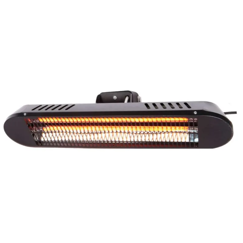 calefactor eléctrico LYON: Calefactor horizontal negro de pared con rejilla metálica y elemento calefactor encendido.