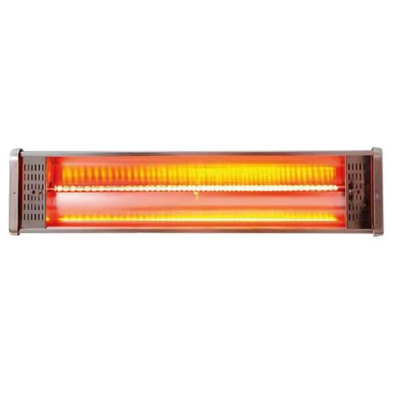 calefactor eléctrico RIVA 1: Calefactor rectangular de acero inoxidable con una lámpara encendida y rejilla frontal.