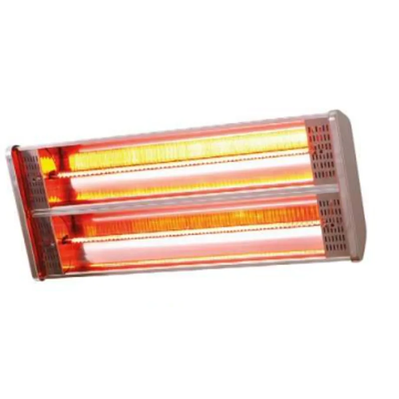 calefactor eléctrico RIVA 2: Calefactor rectangular metálico de dos lámparas encendidas, visto en ángulo.