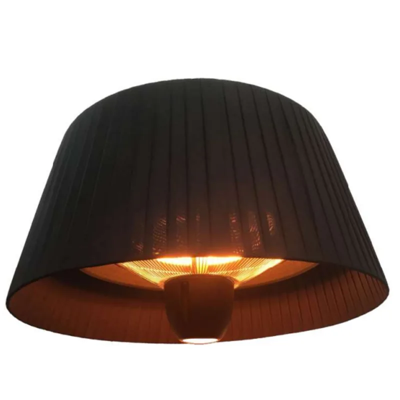calefactor eléctrico TOKYO: Calefactor colgante negro con pantalla acanalada y luz cálida en su interior.