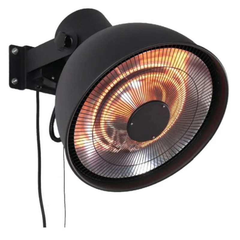 calefactor eléctrico TURÍN: Calefactor circular negro con rejilla frontal, soporte de pared y cable.