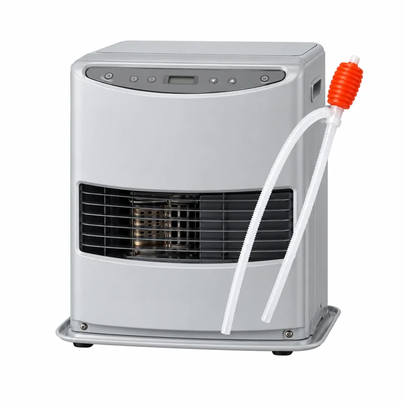 estufa LC 2130: Estufa gris plateada con panel superior, rejilla frontal negra y bomba manual blanca con extremo rojo.
