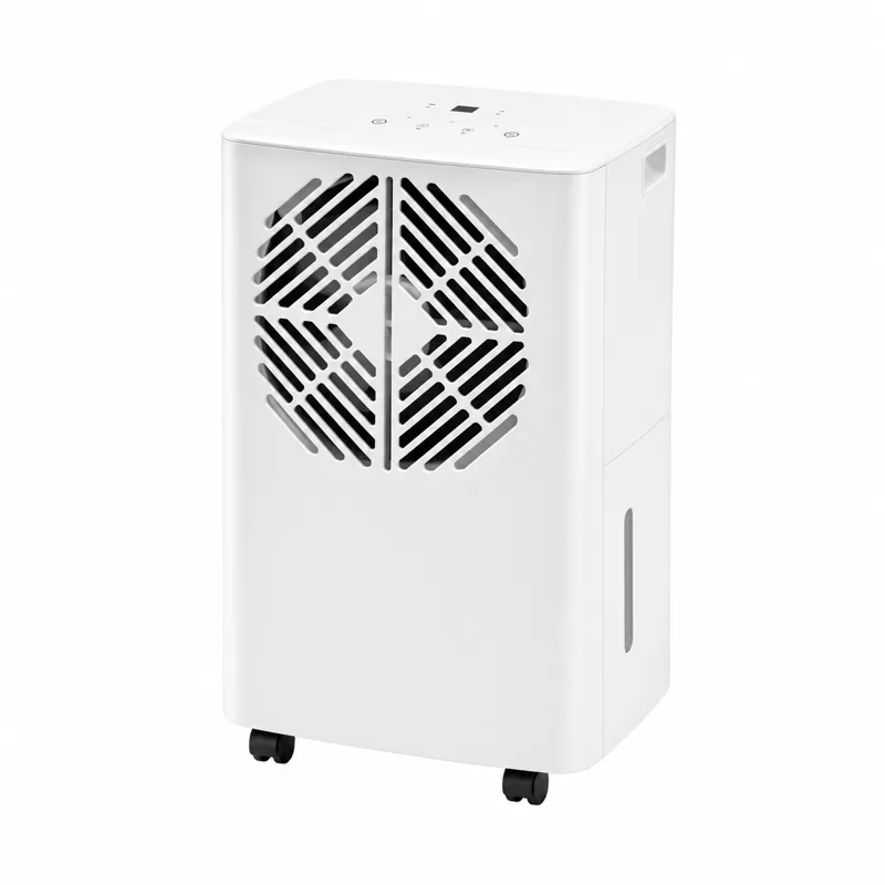 deshumidificador TD-2410: Deshumidificador blanco con rejilla frontal superior, visor lateral del depósito y ruedas negras.