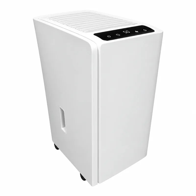 deshumidificador TD-2412: Deshumidificador blanco de cuerpo alto con panel negro superior, rejilla de salida y visor lateral del depósito.