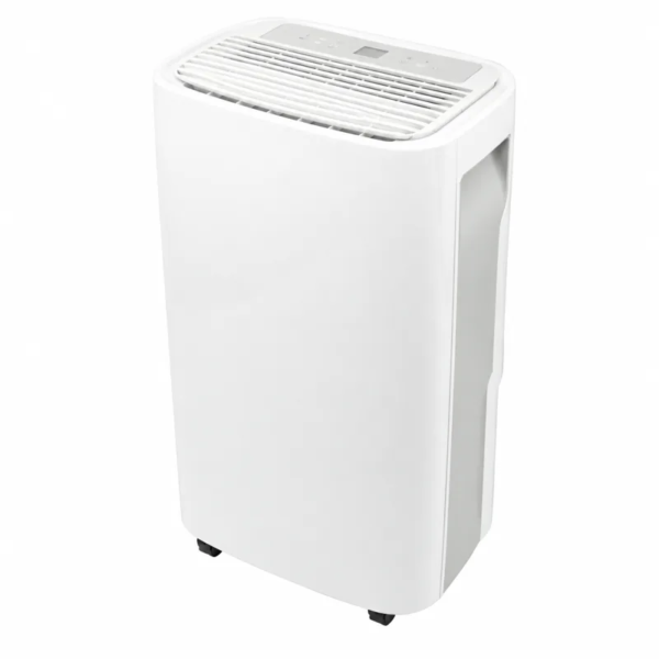 deshumidificador TD-2420: Deshumidificador blanco con salida de aire superior inclinada, visor lateral del depósito y ruedas en la base.