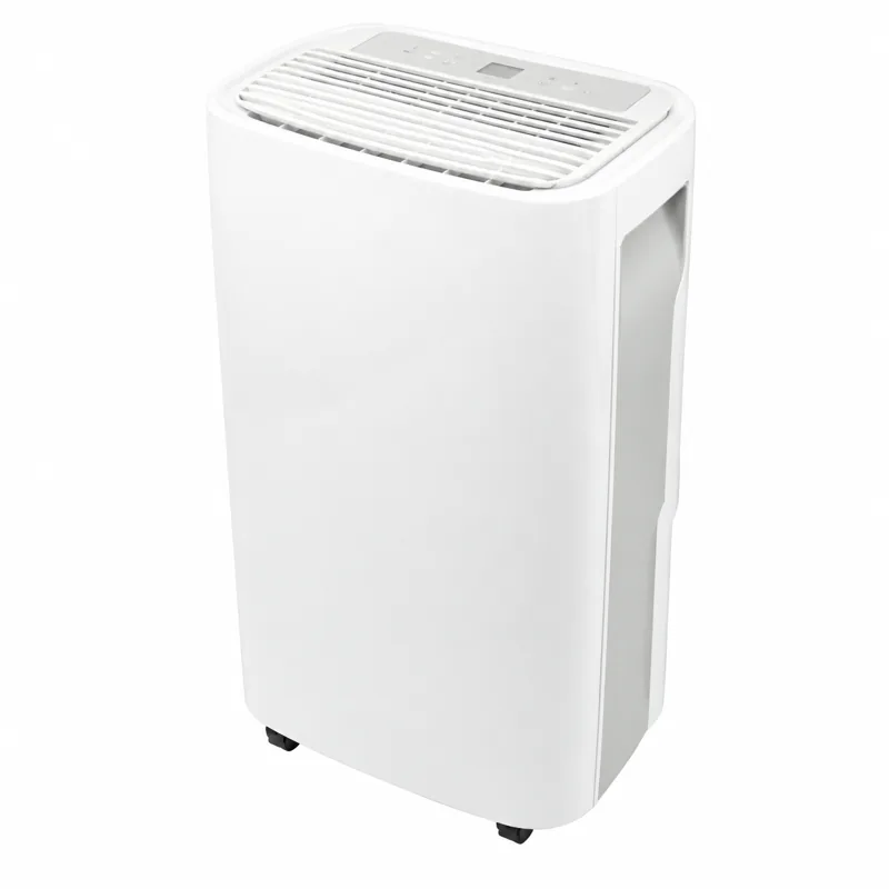 deshumidificador TD-2420: Deshumidificador blanco con salida de aire superior inclinada, visor lateral del depósito y ruedas en la base.