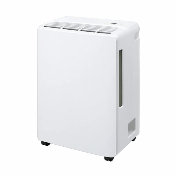 deshumidificador ZB 80: Deshumidificador blanco compacto de cuerpo rectangular, salida superior, visor lateral alargado y asa integrada.