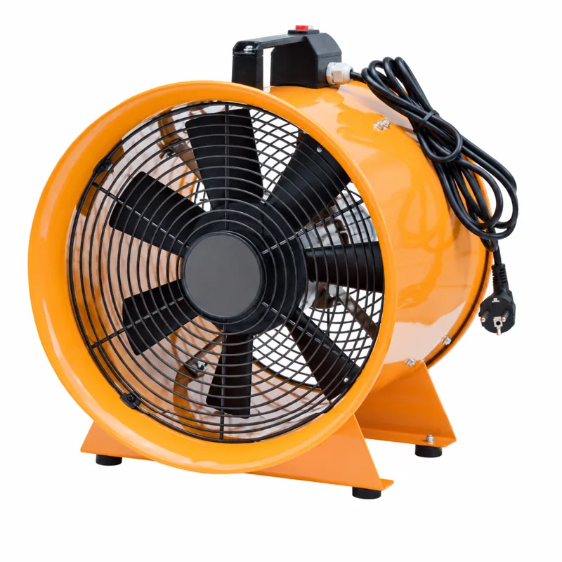 Extractor portátil naranja con cuerpo tubular, rejilla circular negra y estructura de apoyo.