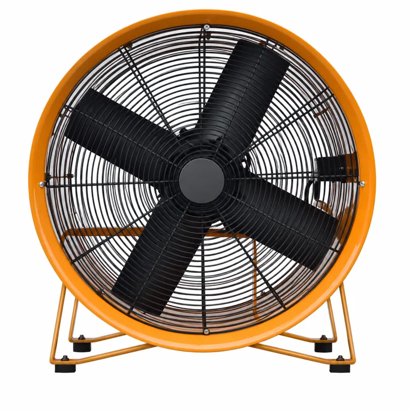 Extractor portátil naranja con cuerpo tubular, rejilla circular negra y estructura de apoyo.