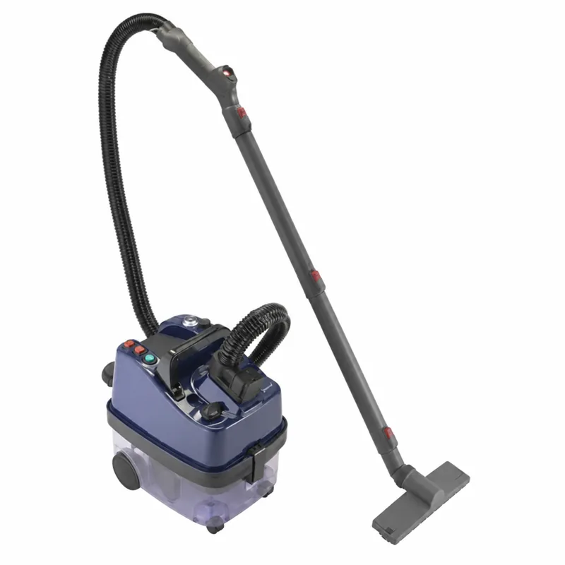 FORZA 5 PLUS: Limpiadora compacta gris y violeta con ruedas, manguera flexible negra, tubos de extensión y boquilla de suelo.