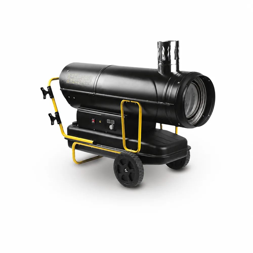Generador G-STAR BGO 50. Carcasa cilíndrica negra con chimenea vertical plateada, bastidor amarillo, depósito inferior negro y ruedas.