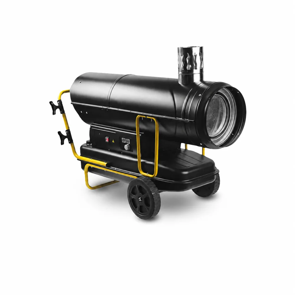 Generador G-STAR BGO 80. Carcasa cilíndrica negra con chimenea vertical plateada, bastidor amarillo, depósito inferior negro y ruedas.