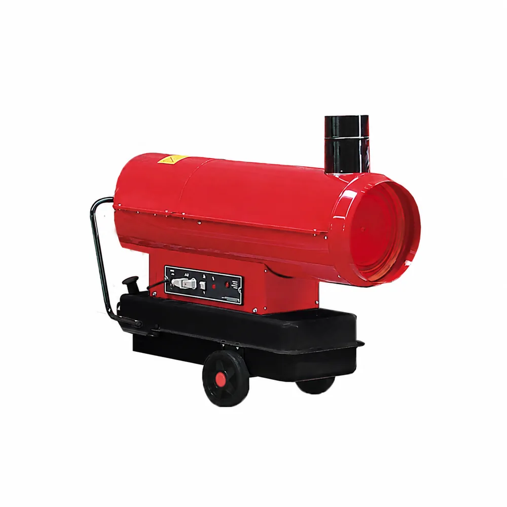 Generador G-STAR COMFORT EC 55. Carcasa cilíndrica roja con chimenea negra superior, panel de mandos, depósito negro y ruedas.