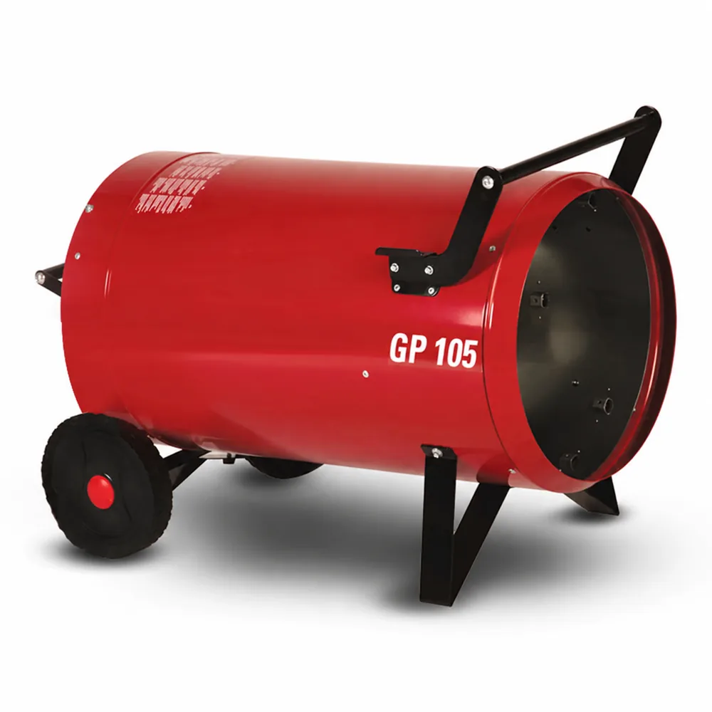 Generador VOLCANO GP105A. Cuerpo cilíndrico rojo de gran tamaño con asa superior negra, dos ruedas y dos patas delanteras negras.