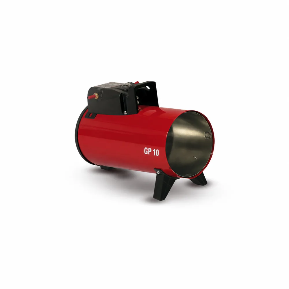 Generador VOLCANO GP10M. Cuerpo cilíndrico rojo compacto, caja negra con asa superior y dos apoyos inferiores negros.
