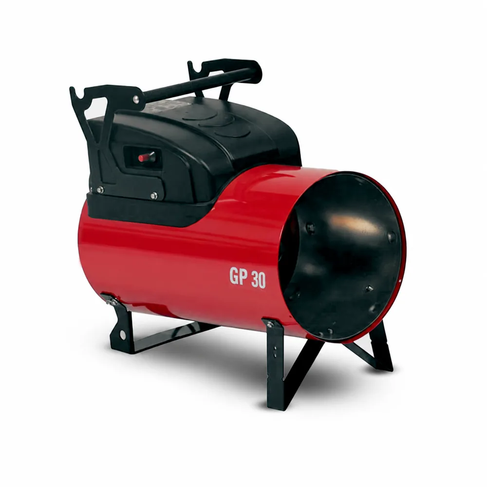Generador VOLCANO GP30M. Cuerpo cilíndrico rojo, caja negra superior con asa horizontal y cuatro apoyos negros.