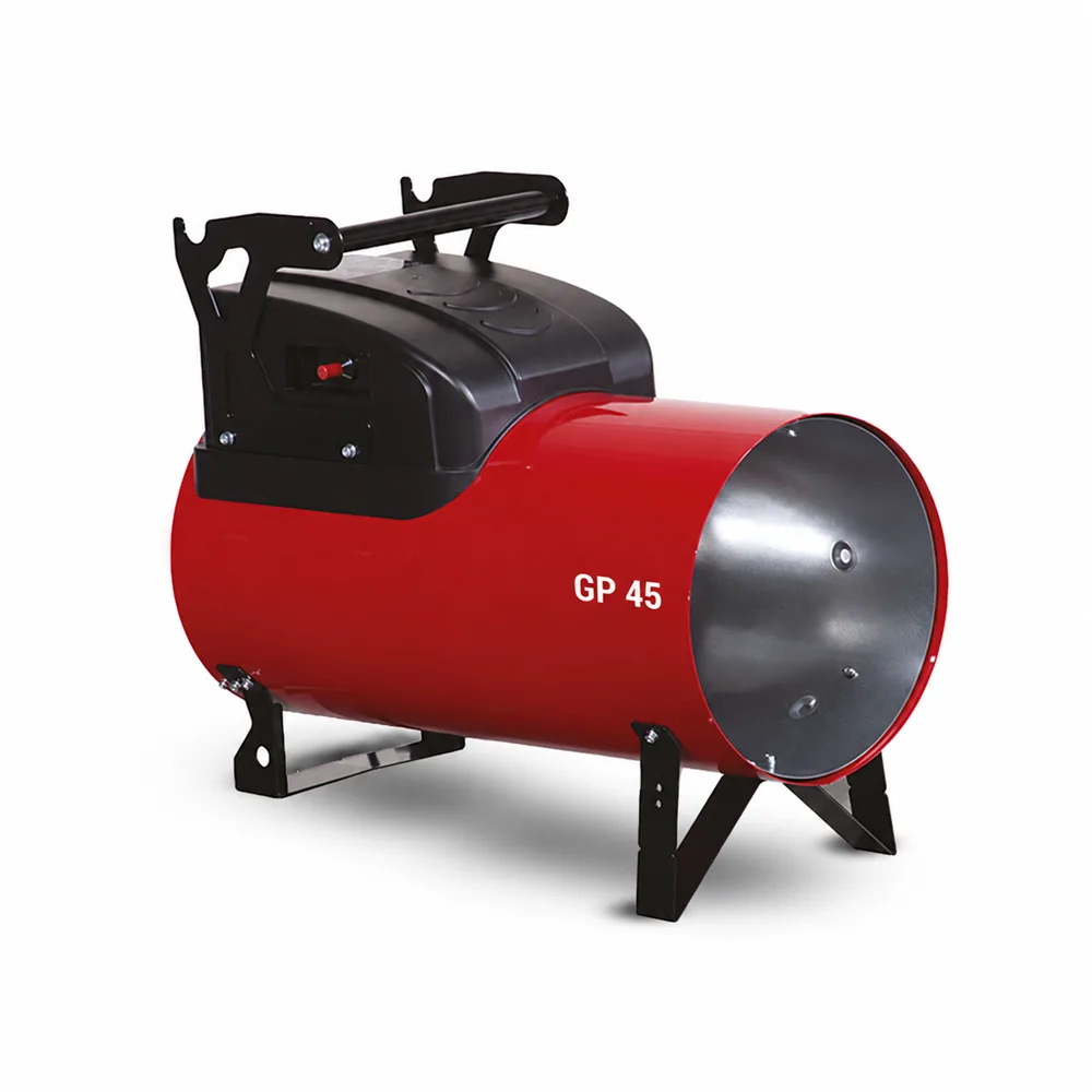 Generador VOLCANO GP45A. Cuerpo cilíndrico rojo con caja negra superior, asa horizontal y cuatro apoyos negros.
