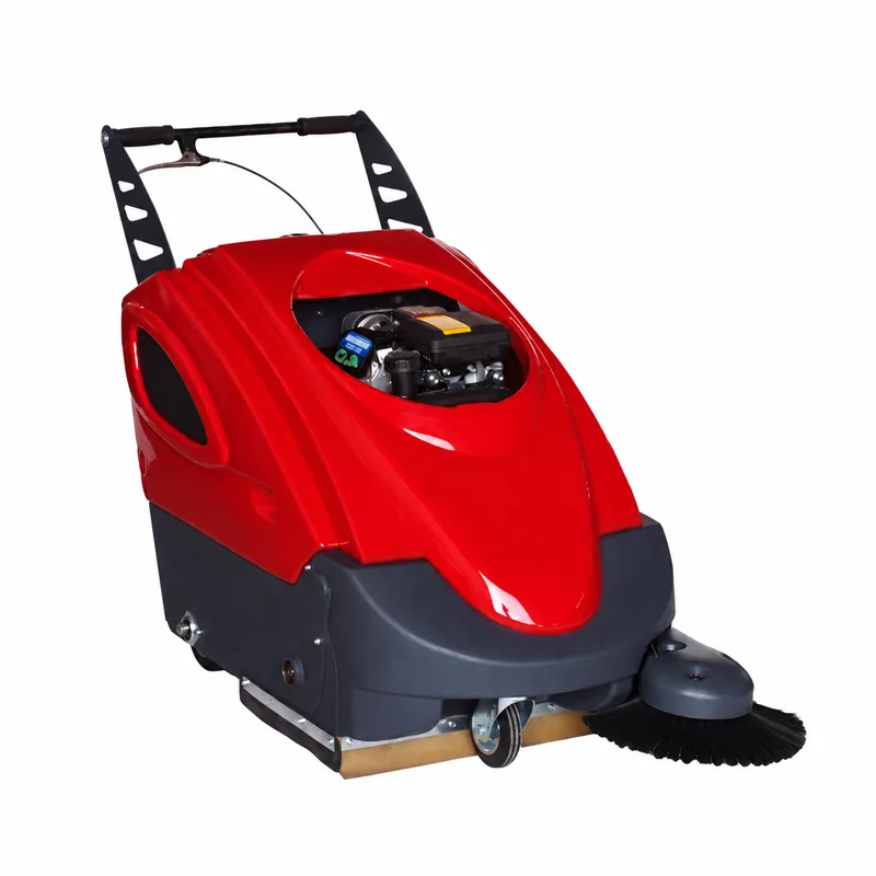 GIOIA 50 ST: Barredora roja y negra con manillar trasero, motor visible en la parte superior y cepillo lateral negro.