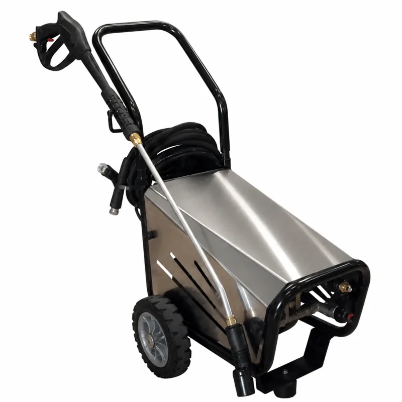 ATOM WATER GUN 150 TST: Hidrolimpiadora de carcasa metálica plateada con manillar negro, dos ruedas, manguera y lanza.